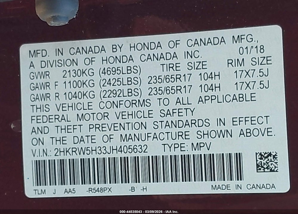 2018 HONDA CR-V LX VIN: 2HKRW5H33JH405632