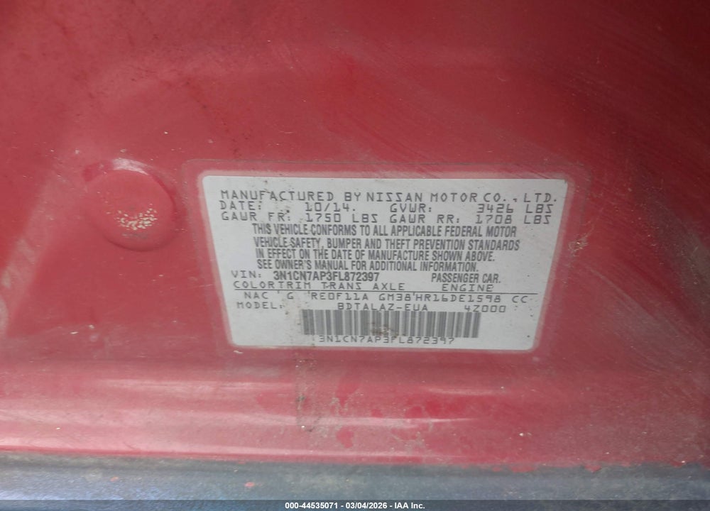 2015 NISSAN VERSA 1.6 S+ VIN: 3N1CN7AP3FL872397