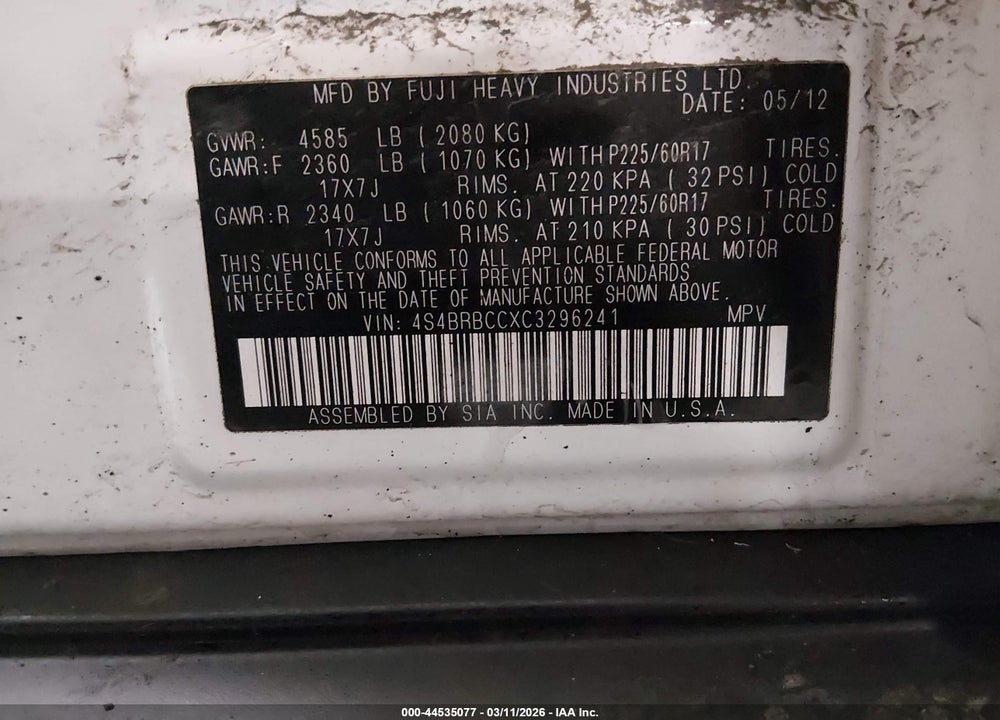 2012 SUBARU OUTBACK 2.5I PREMIUM VIN: 4S4BRBCCXC3296241