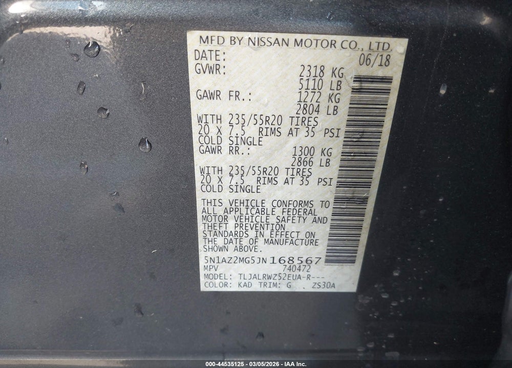 2018 NISSAN MURANO SL VIN: 5N1AZ2MG5JN168567