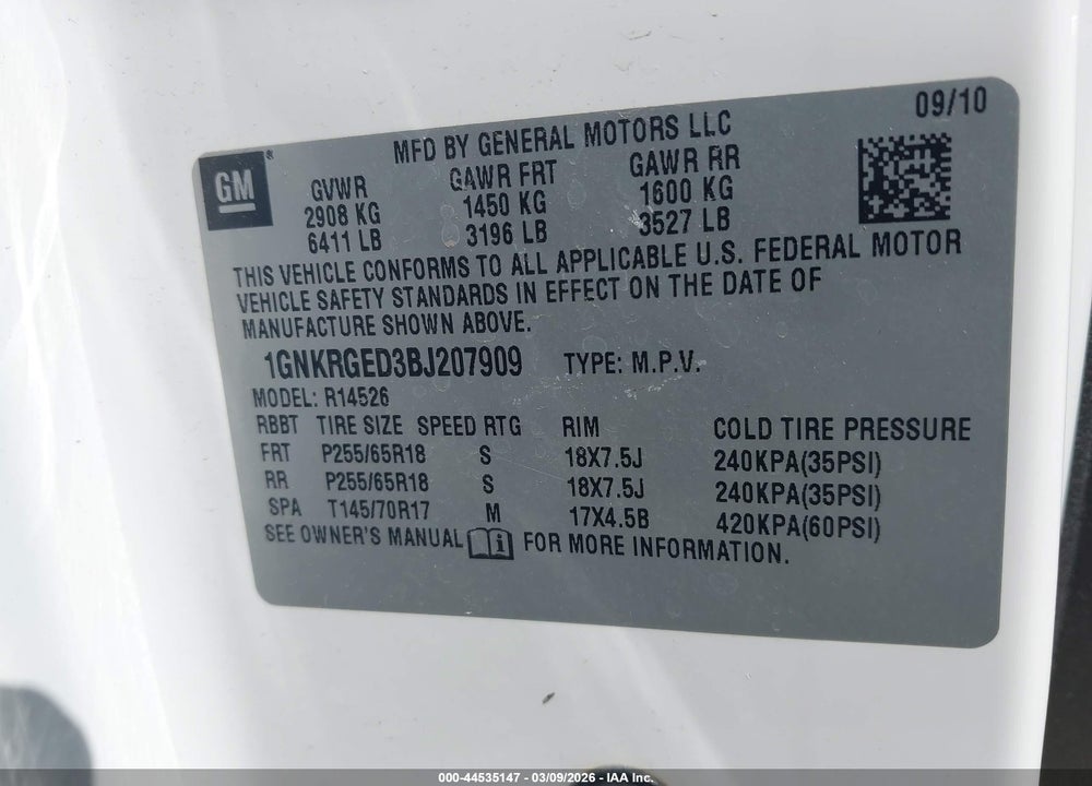 2011 CHEVROLET TRAVERSE 1LT VIN: 1GNKRGED3BJ207909