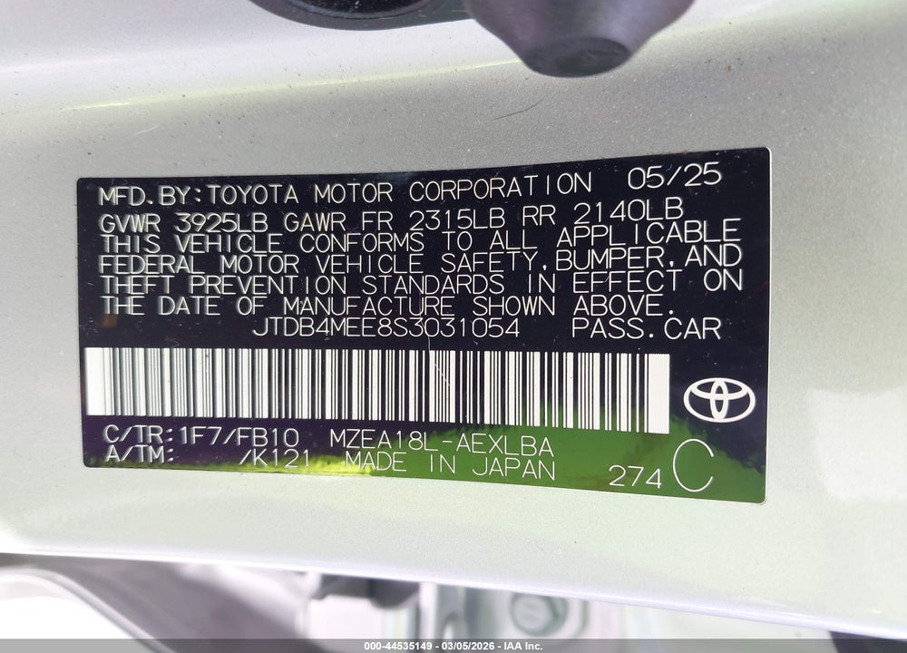 2025 TOYOTA COROLLA LE VIN: JTDB4MEE8S3031054