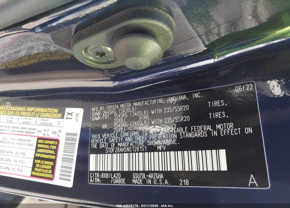 2022 TOYOTA HIGHLANDER PLATINUM VIN: 5TDFZRAH5NS128151