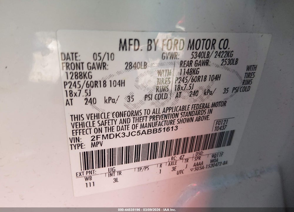 2010 FORD EDGE SEL VIN: 2FMDK3JC5ABB51613