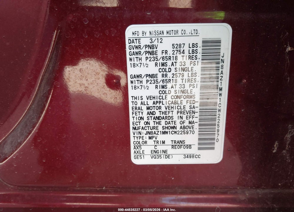 2012 NISSAN MURANO SL VIN: JN8AZ1MW1CW225970