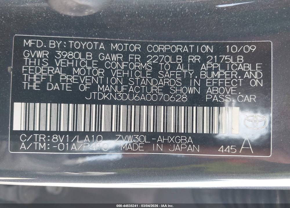 2010 TOYOTA PRIUS IV VIN: JTDKN3DU6A0070628
