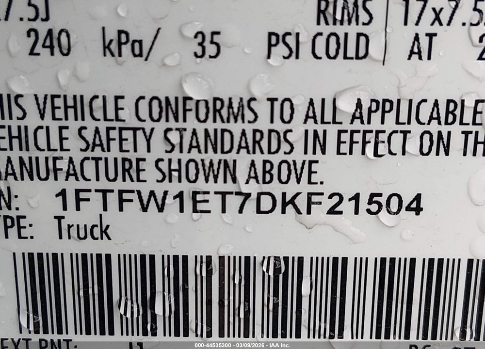 2013 FORD F-150 XLT VIN: 1FTFW1ET7DKF21504