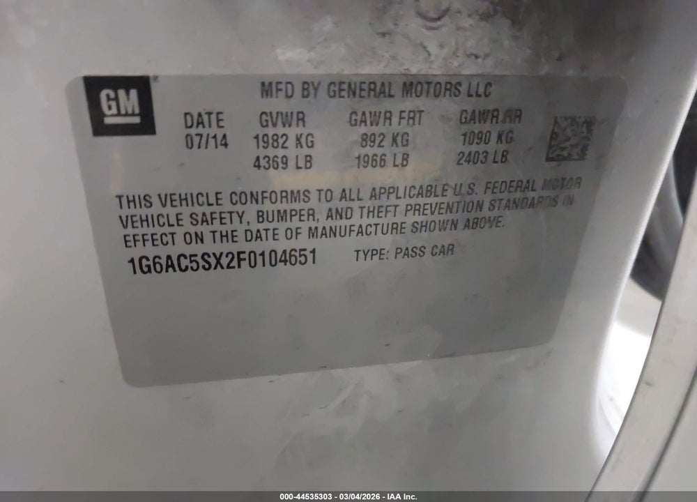 2015 CADILLAC ATS PERFORMANCE VIN: 1G6AC5SX2F0104651