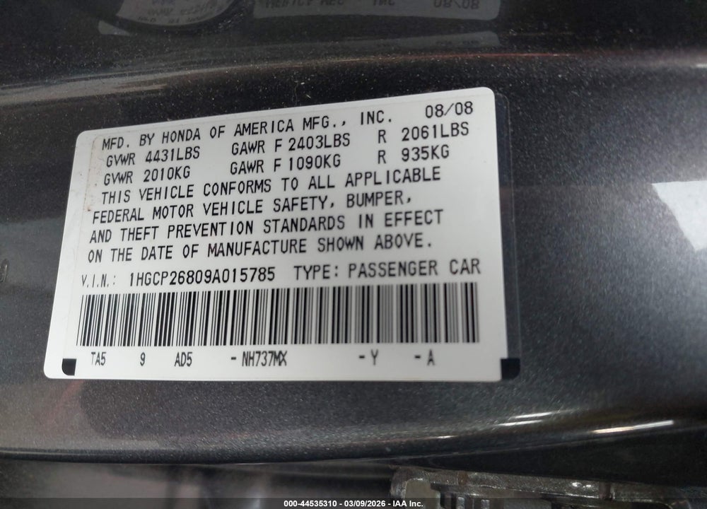 2009 HONDA ACCORD 2.4 EX-L VIN: 1HGCP26809A015785