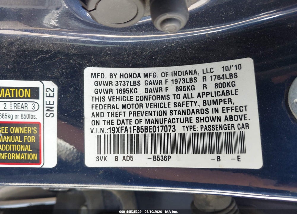 2011 HONDA CIVIC EX VIN: 19XFA1F85BE017073