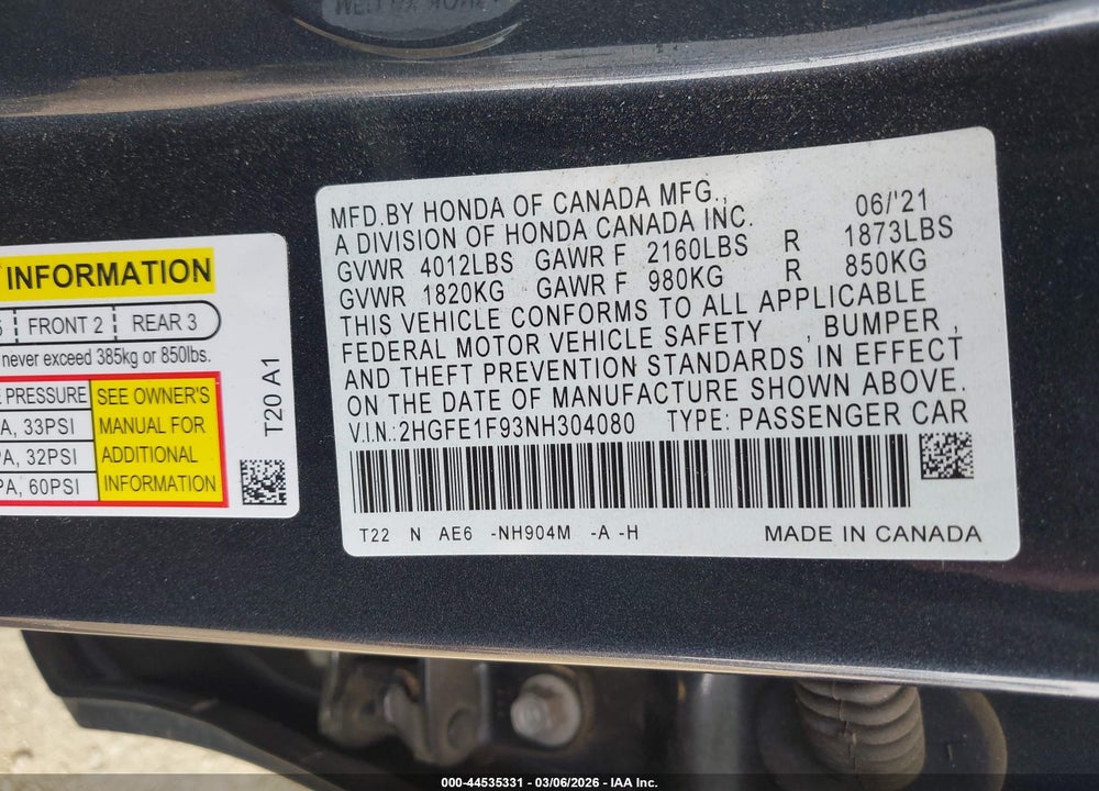 2022 HONDA CIVIC TOURING VIN: 2HGFE1F93NH304080