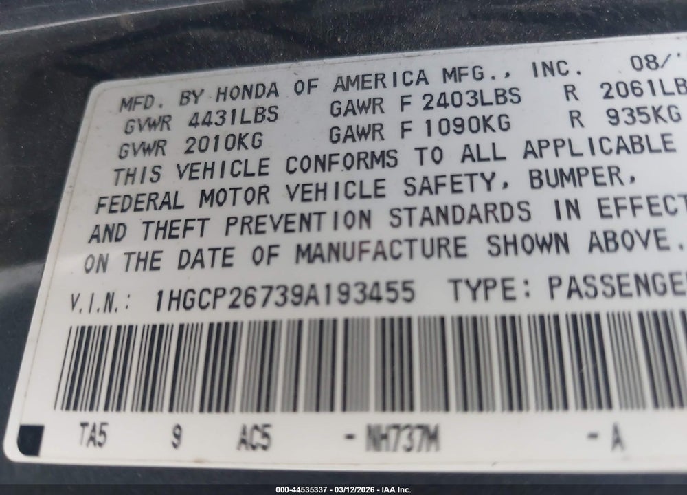 2009 HONDA ACCORD 2.4 EX VIN: 1HGCP26739A193455
