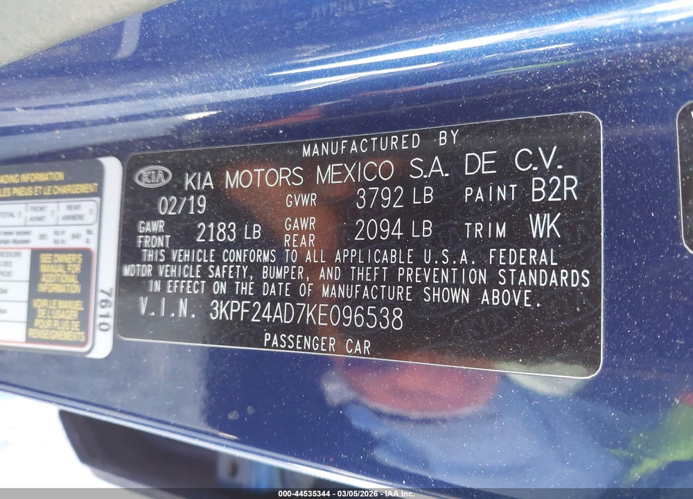 2019 KIA FORTE LXS VIN: 3KPF24AD7KE096538