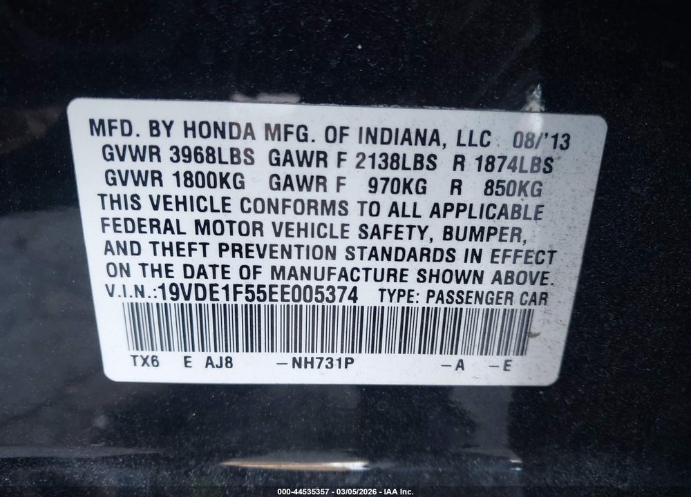 2014 ACURA ILX 2.0L VIN: 19VDE1F55EE005374