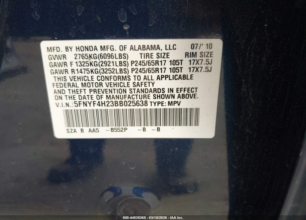 2011 HONDA PILOT LX VIN: 5FNYF4H23BB025638