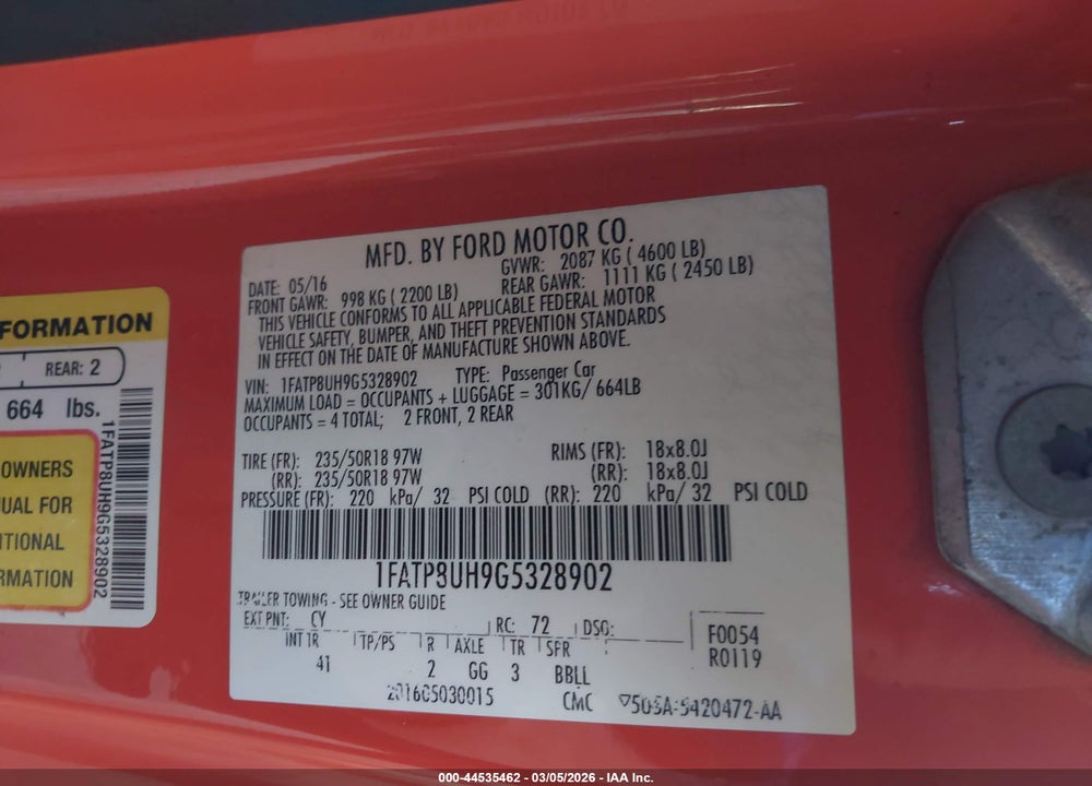 2016 FORD MUSTANG ECOBOOST PREMIUM VIN: 1FATP8UH9G5328902