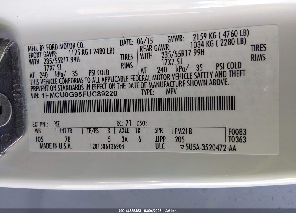 2015 FORD ESCAPE SE VIN: 1FMCU0G95FUC89220