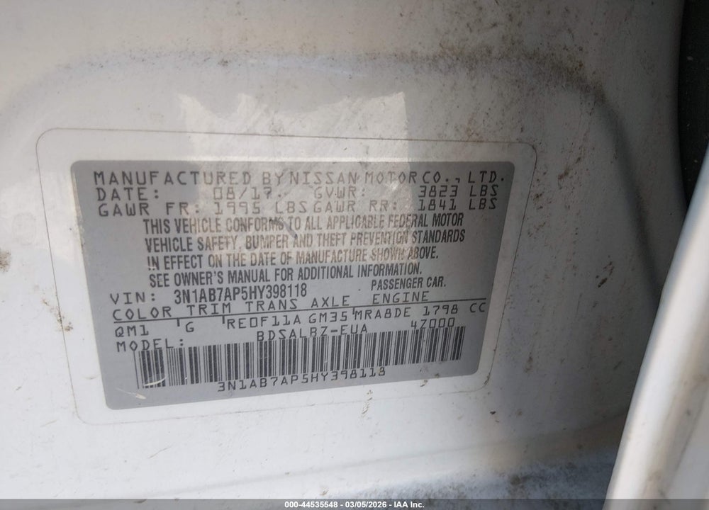 2017 NISSAN SENTRA S VIN: 3N1AB7AP5HY398118
