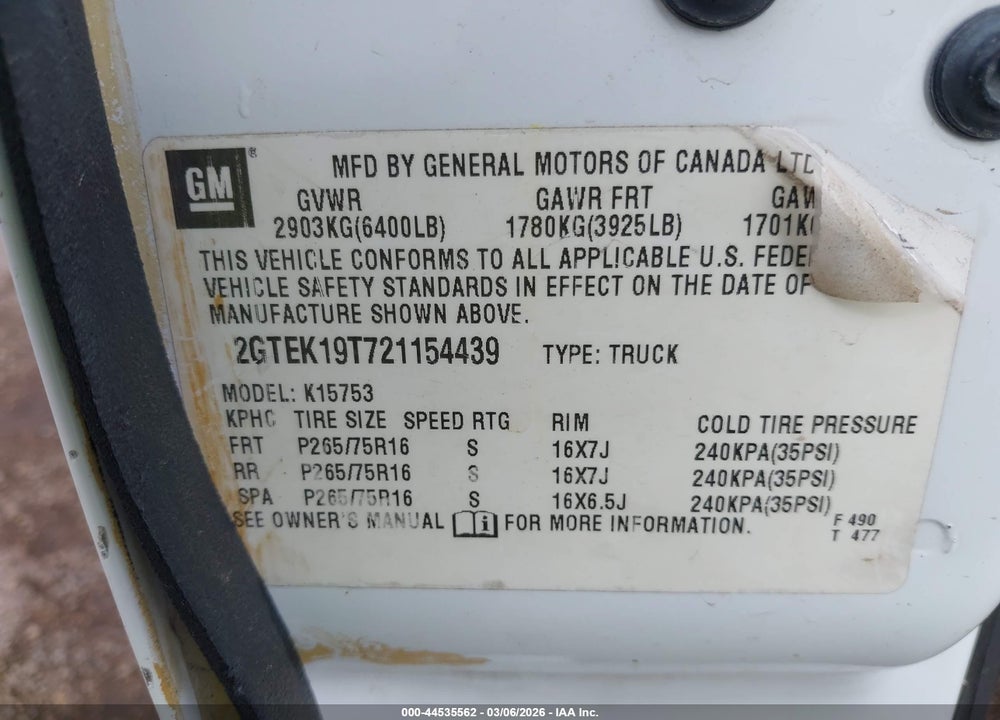 2002 GMC SIERRA 1500 SLE VIN: 2GTEK19T721154439