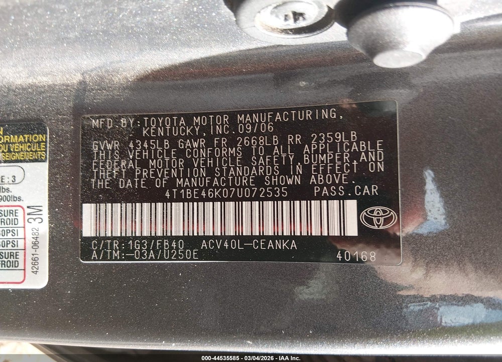 2007 TOYOTA CAMRY LE VIN: 4T1BE46K07U072535