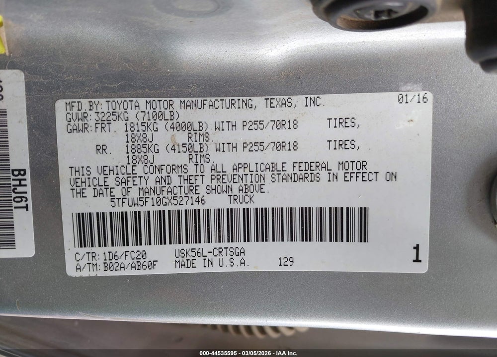 2016 TOYOTA TUNDRA SR5 5.7L V8 VIN: 5TFUW5F10GX527146
