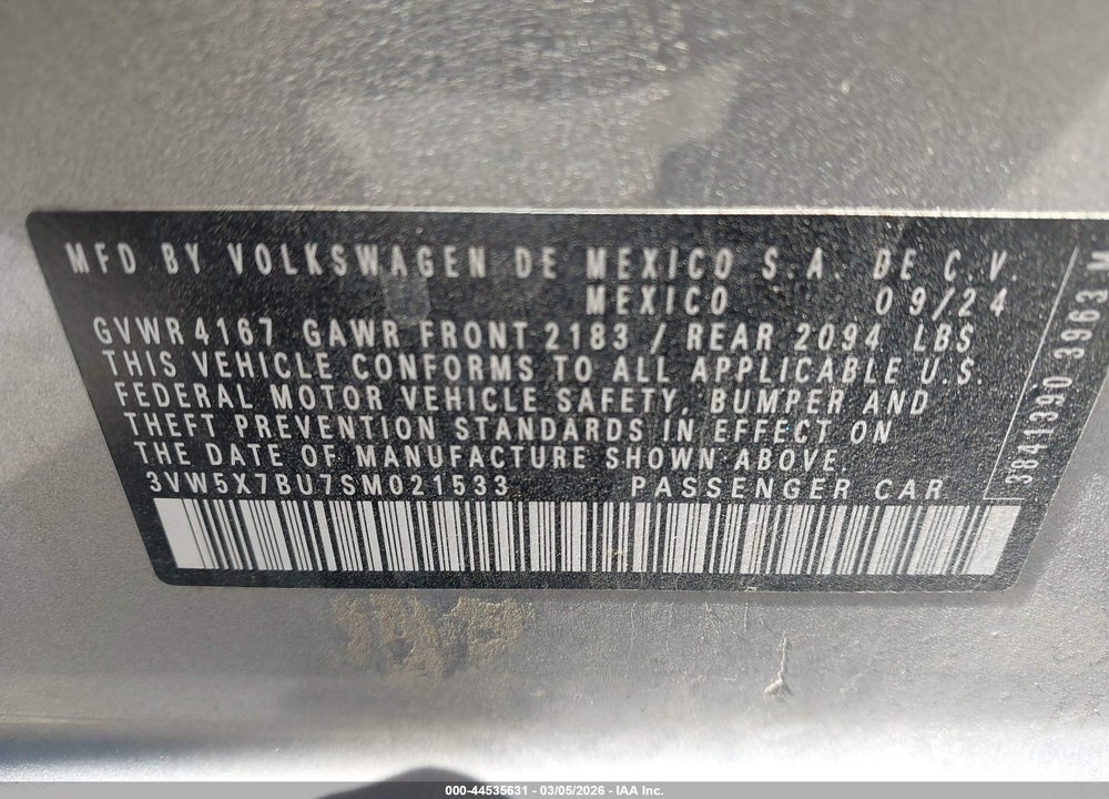 2025 VOLKSWAGEN JETTA 1.5T S VIN: 3VW5X7BU7SM021533