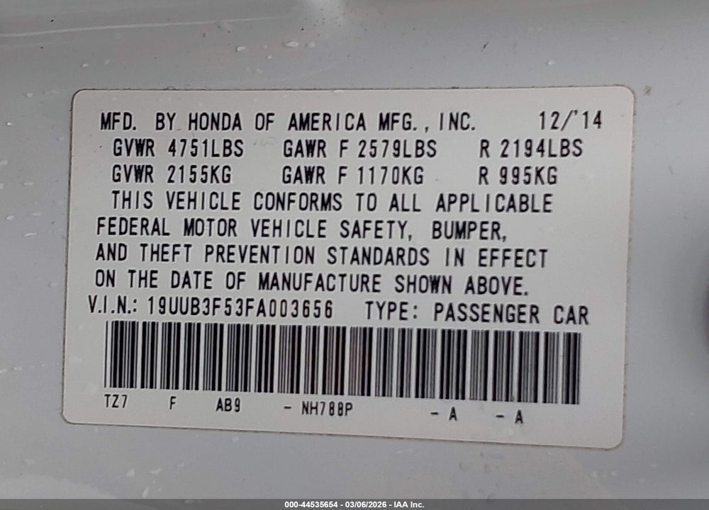 2015 ACURA TLX V6 TECH VIN: 19UUB3F53FA003656