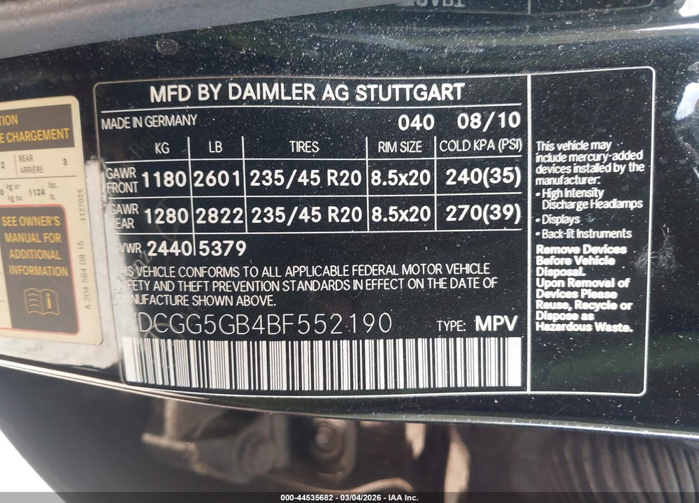 2011 MERCEDES-BENZ GLK 350 VIN: WDCGG5GB4BF552190