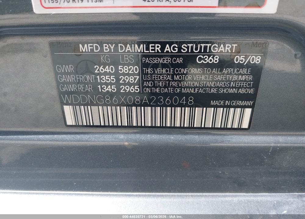 2008 MERCEDES-BENZ S 550 4MATIC VIN: WDDNG86X08A236048