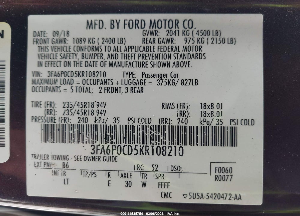 2019 FORD FUSION SEL VIN: 3FA6P0CD5KR108210