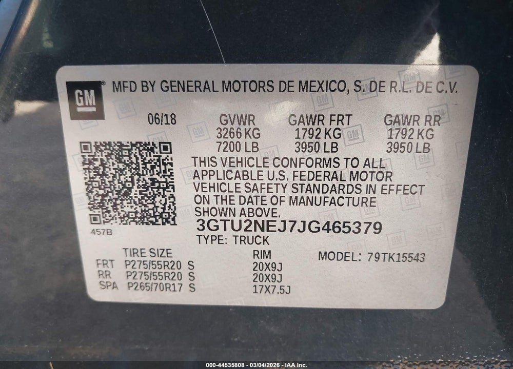 2018 GMC SIERRA 1500 SLT VIN: 3GTU2NEJ7JG465379