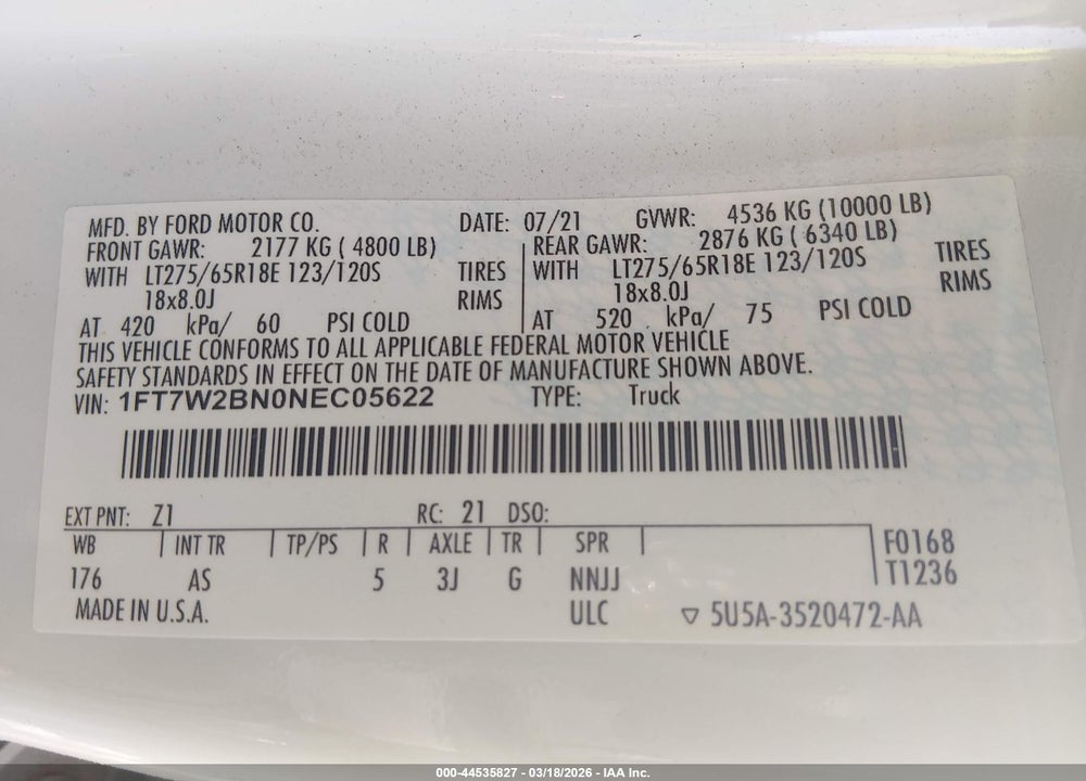 2022 FORD F-250 XL VIN: 1FT7W2BN0NEC05622
