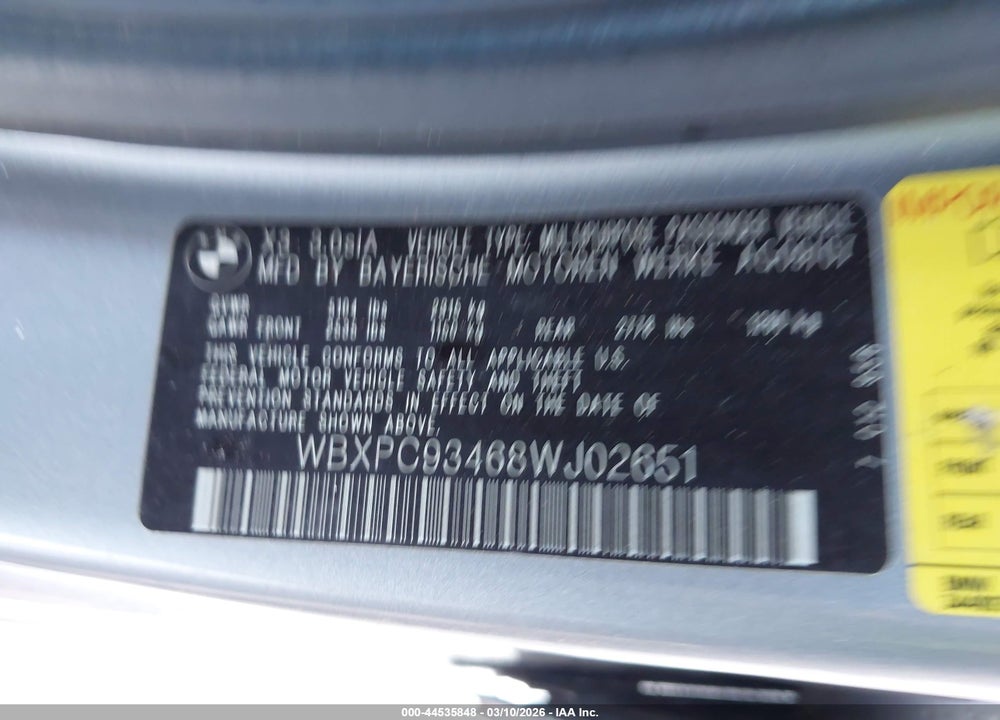 2008 BMW X3 3.0SI VIN: WBXPC93468WJ02651