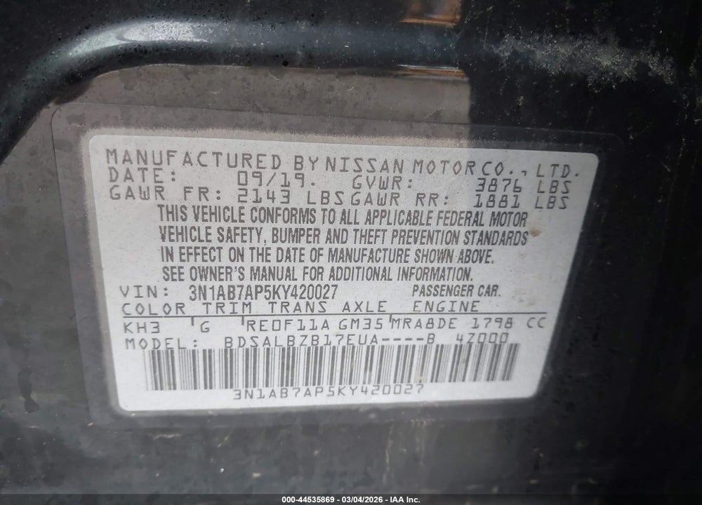 2019 NISSAN SENTRA S VIN: 3N1AB7AP5KY420027