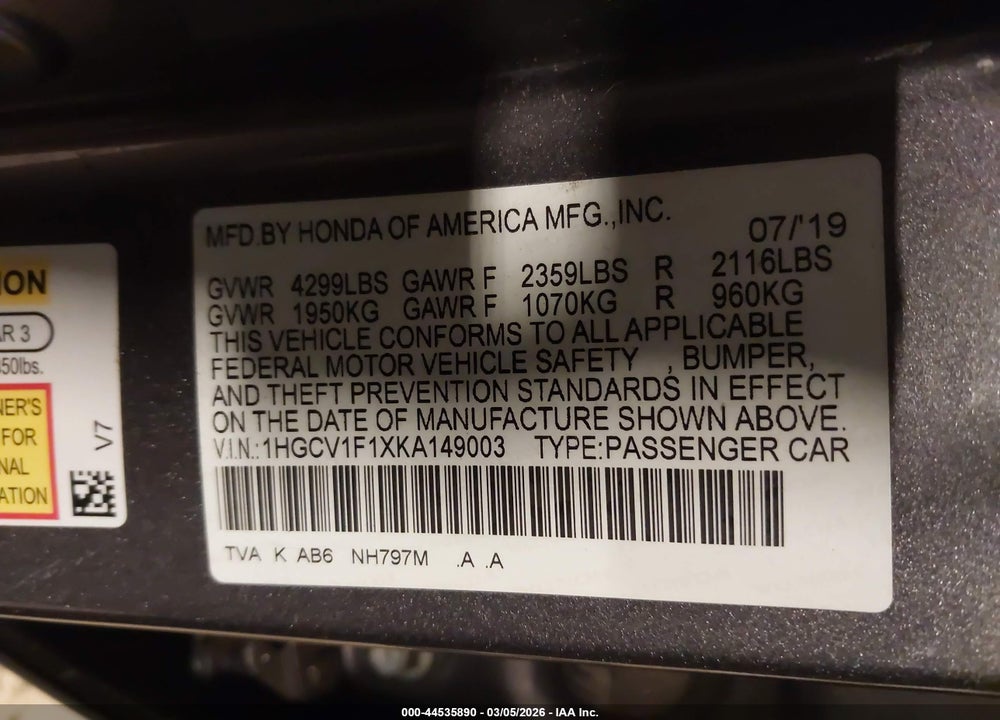 2019 HONDA ACCORD LX VIN: 1HGCV1F1XKA149003
