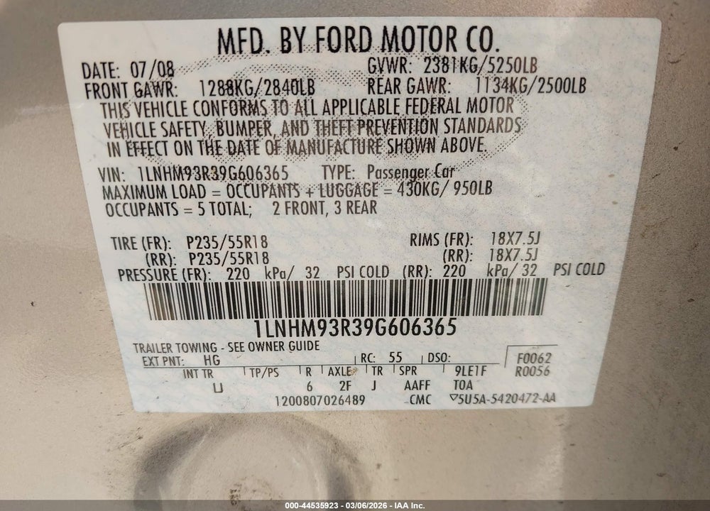 2009 LINCOLN MKS VIN: 1LNHM93R39G606365