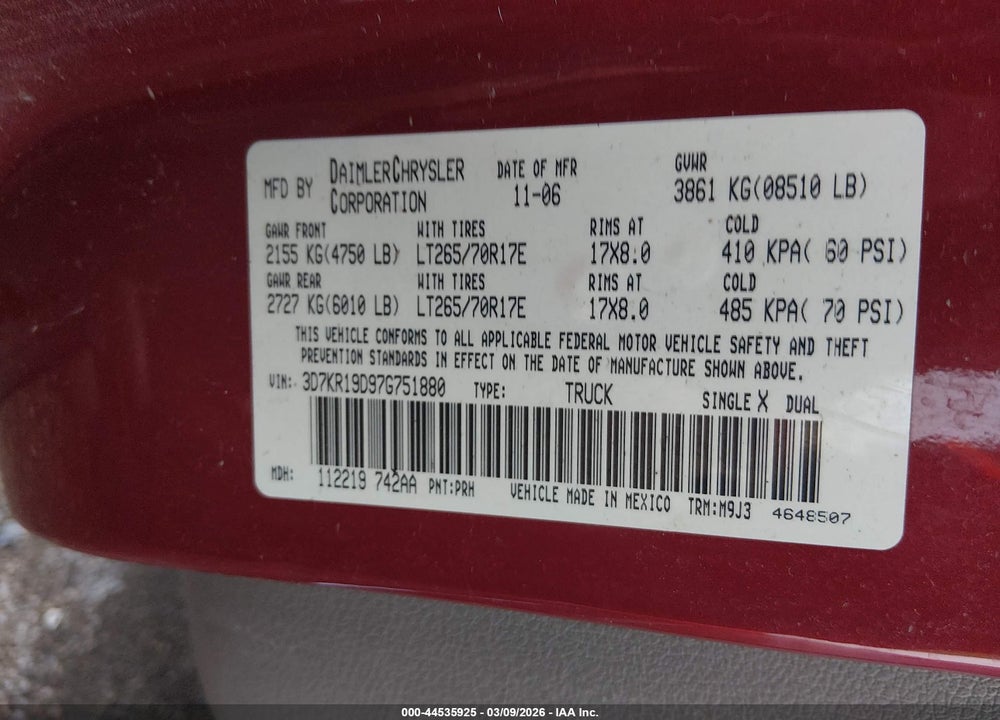 2007 DODGE RAM 1500 SLT VIN: 3D7KR19D97G751880