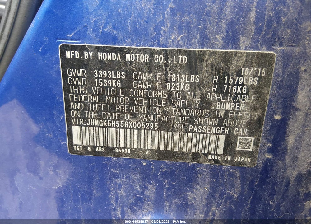 2016 HONDA FIT LX VIN: JHMGK5H55GX005295