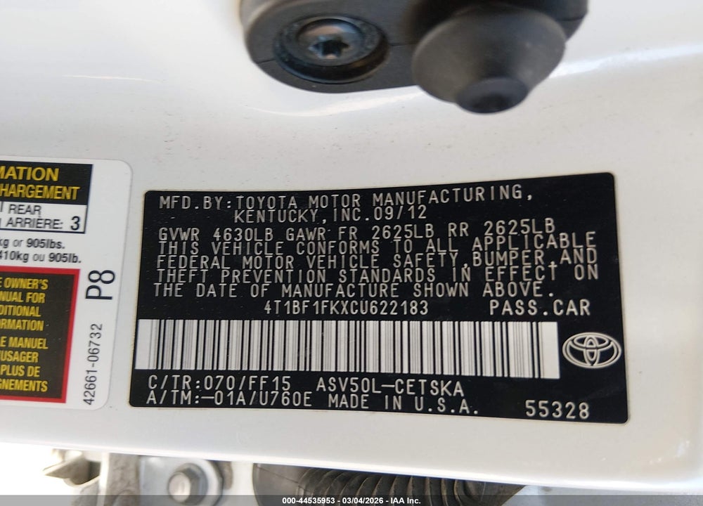 2012 TOYOTA CAMRY SE LIMITED EDITION VIN: 4T1BF1FKXCU622183
