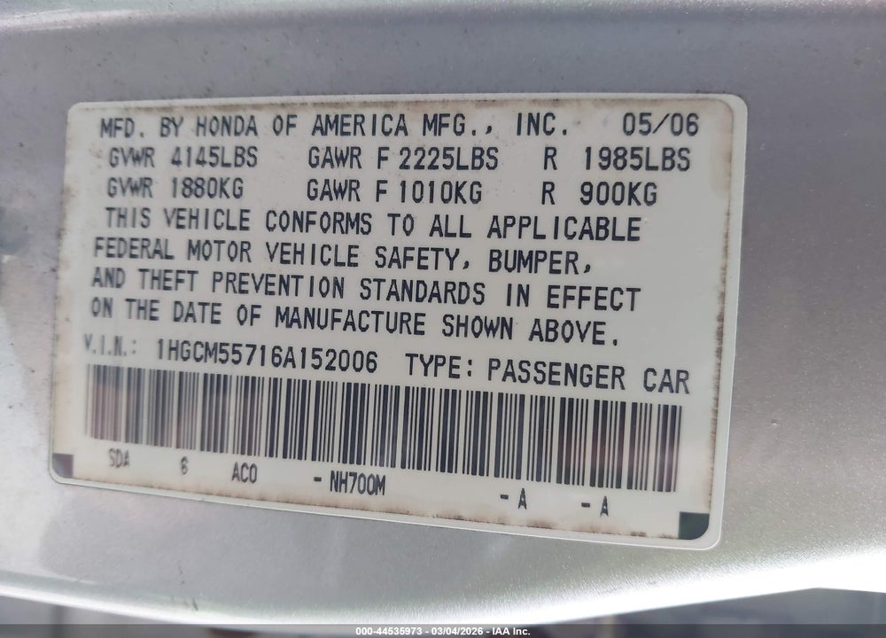 2006 HONDA ACCORD 2.4 EX VIN: 1HGCM55716A152006