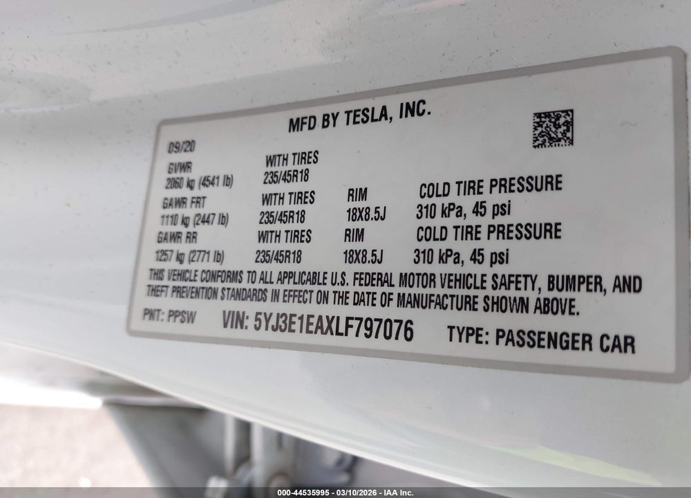 2020 TESLA MODEL 3 STANDARD RANGE PLUS REAR-WHEEL DRIVE/STANDARD RANGE REAR-WHEEL DRIVE VIN: 5YJ3E1EAXLF797076