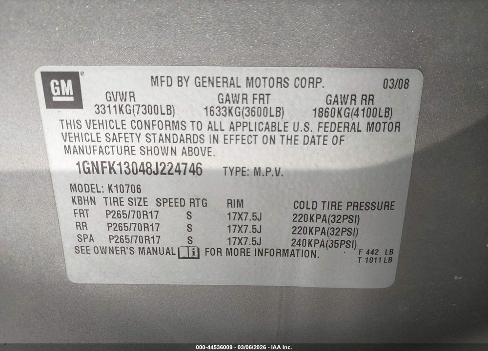 2008 CHEVROLET TAHOE LS VIN: 1GNFK13048J224746