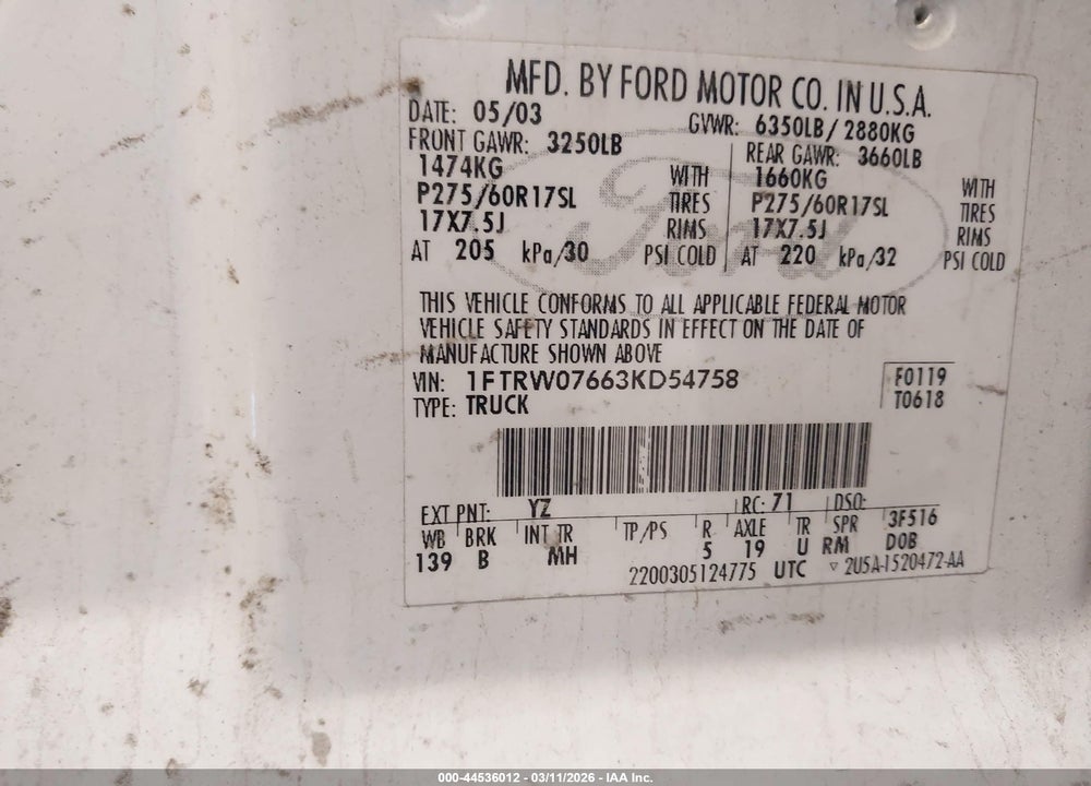 2003 FORD F-150 LARIAT/XLT VIN: 1FTRW07663KD54758