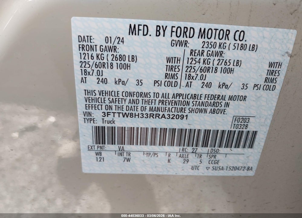 2024 FORD MAVERICK XLT VIN: 3FTTW8H33RRA32091
