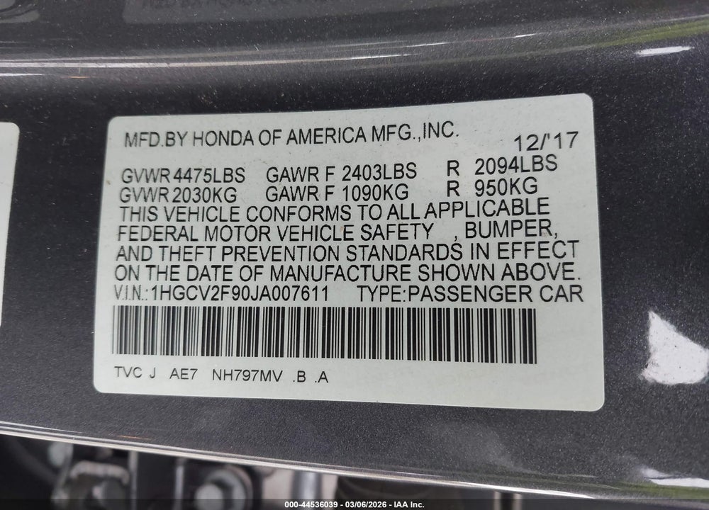 2018 HONDA ACCORD TOURING 2.0T VIN: 1HGCV2F90JA007611
