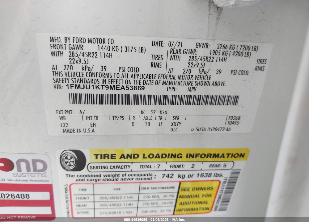 2021 FORD EXPEDITION LIMITED VIN: 1FMJU1KT9MEA53869