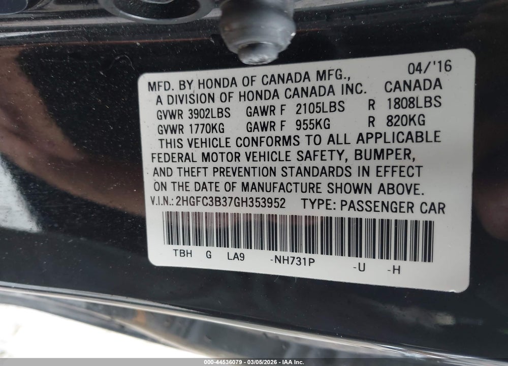2016 HONDA CIVIC EX-T VIN: 2HGFC3B37GH353952