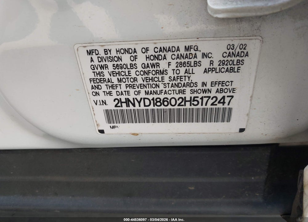 2002 ACURA MDX VIN: 2HNYD18602H517247