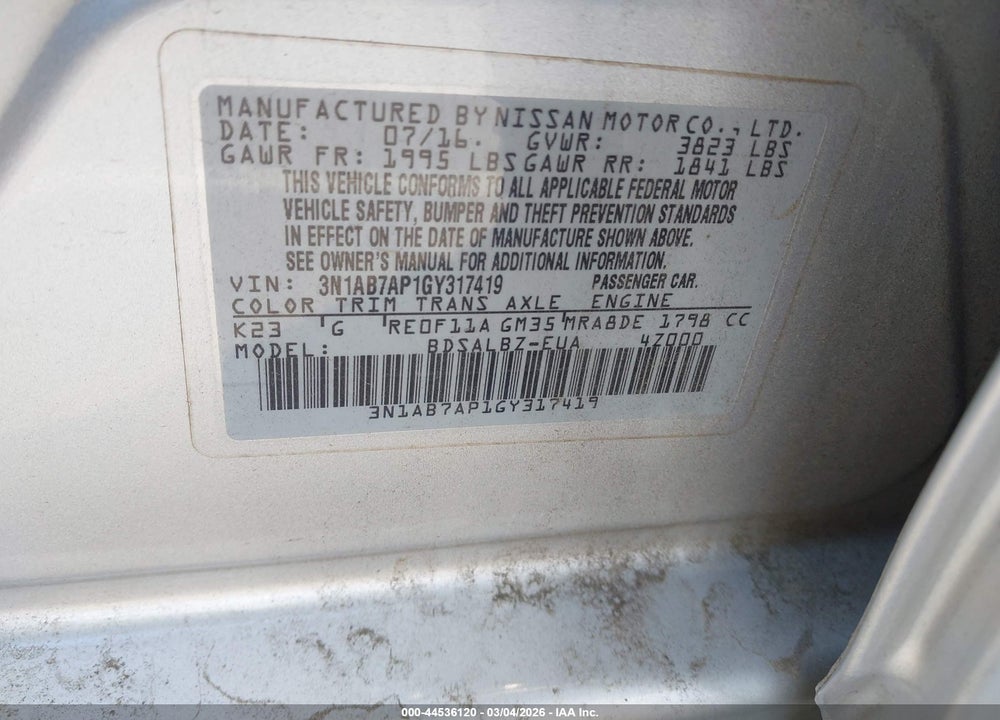 2016 NISSAN SENTRA S VIN: 3N1AB7AP1GY317419