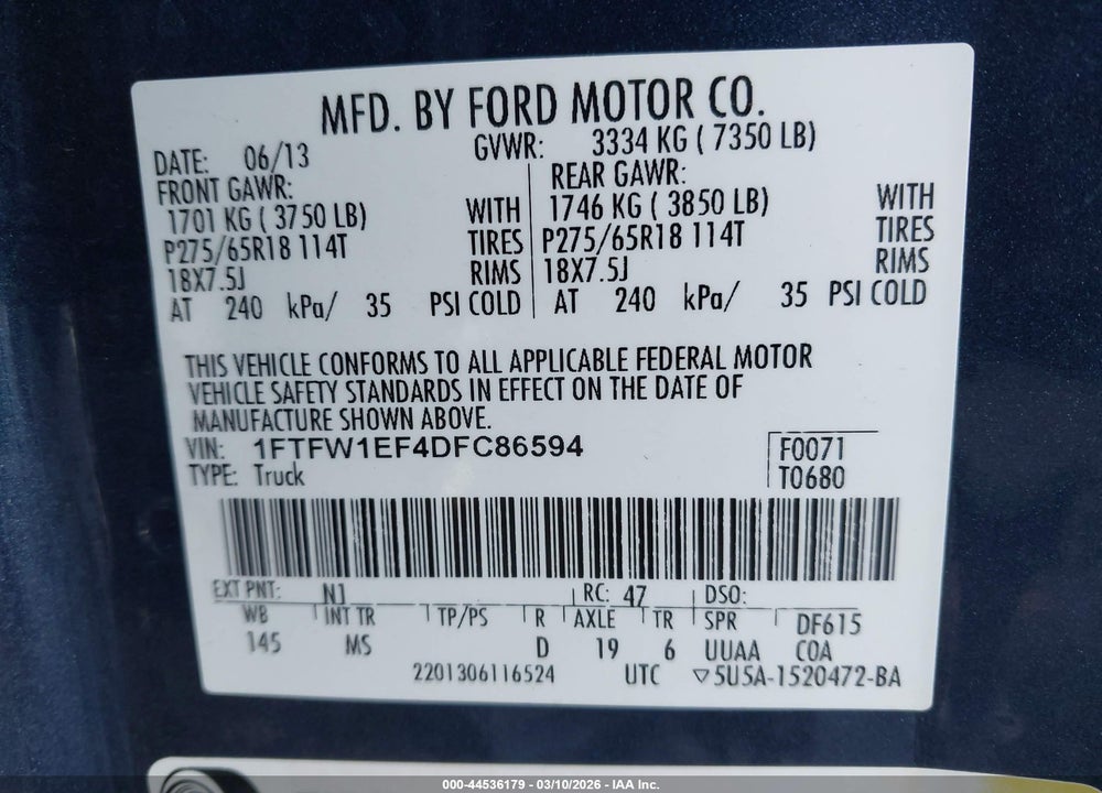 2013 FORD F-150 XLT VIN: 1FTFW1EF4DFC86594